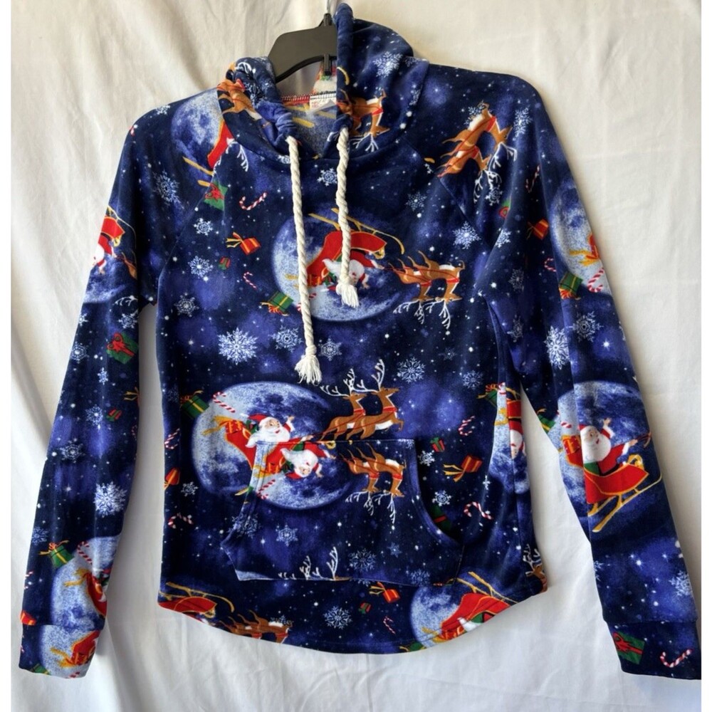 Girls Medium Blue Velvet Santa & Reindeer Christmas Hoodie Sweatshirt Size 5-7